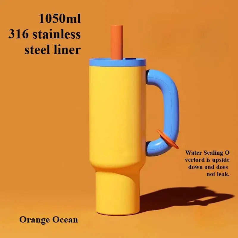 Stainless Steel Thermos Cup – 1050 ml, With Straw & Handle, Large Capacity