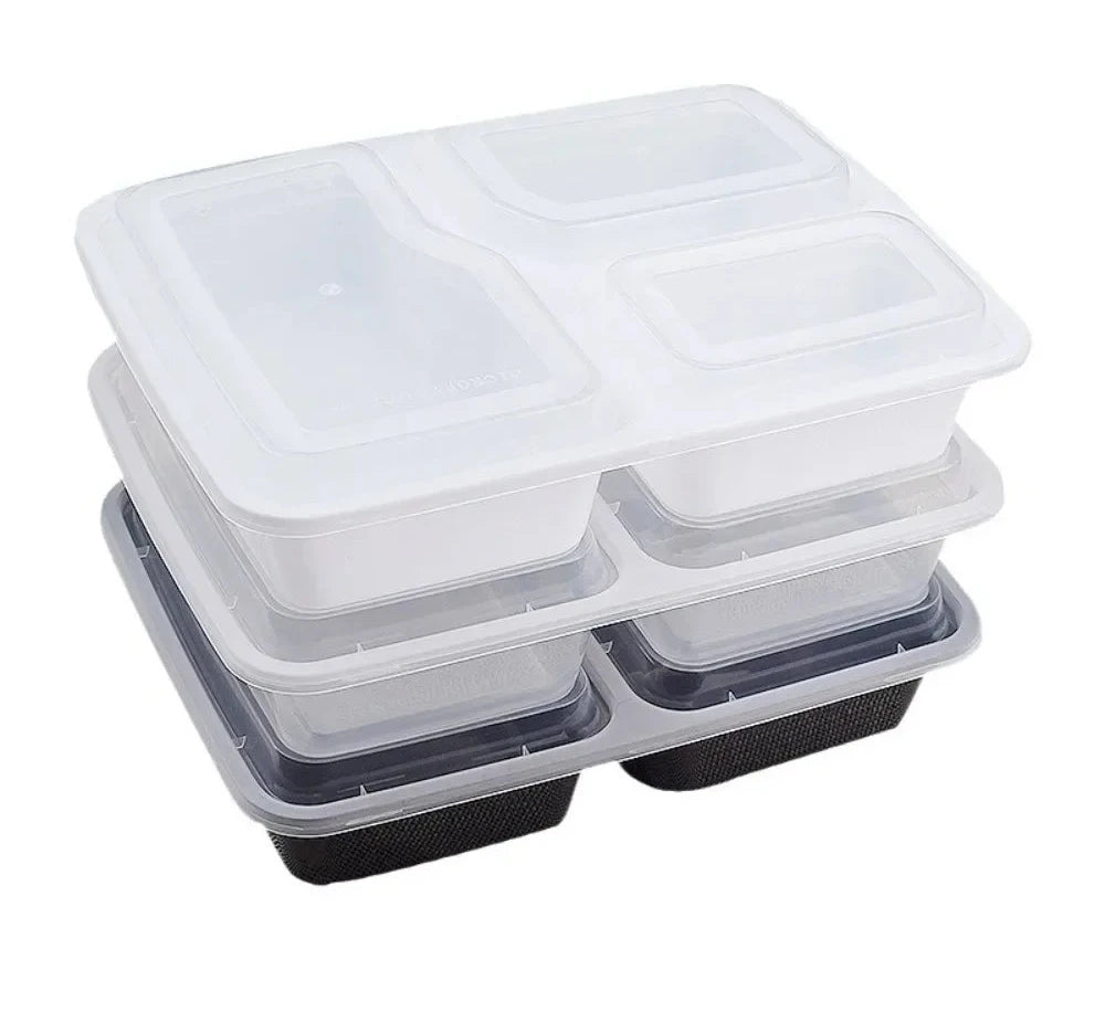 Boîte repas 3 compartiments, étanche et jetable.