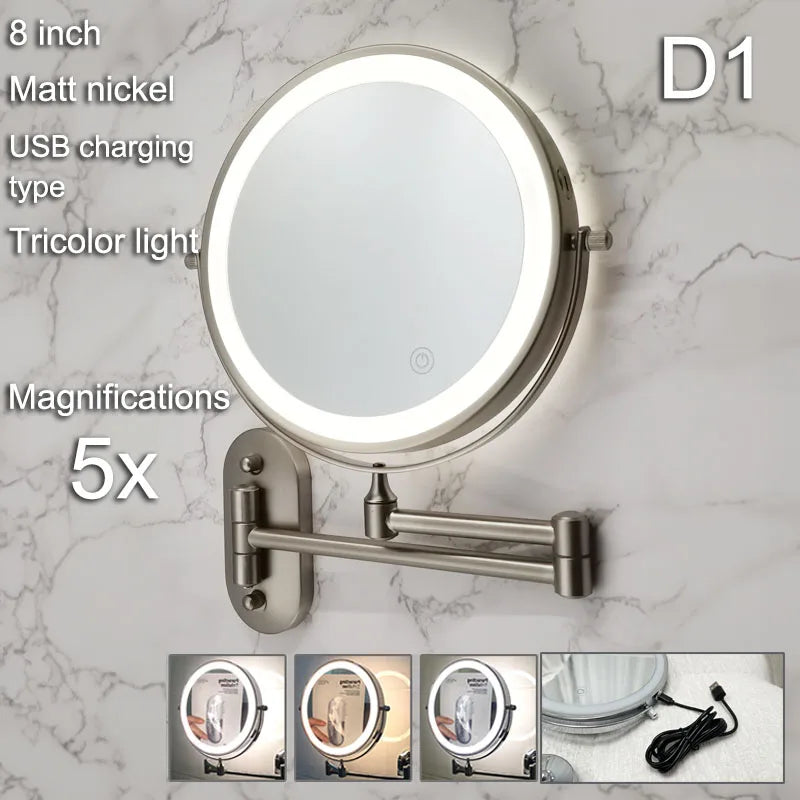Folding Wall Makeup Mirror — Gold LED Double-Sided with Magnifying & USB Charging.