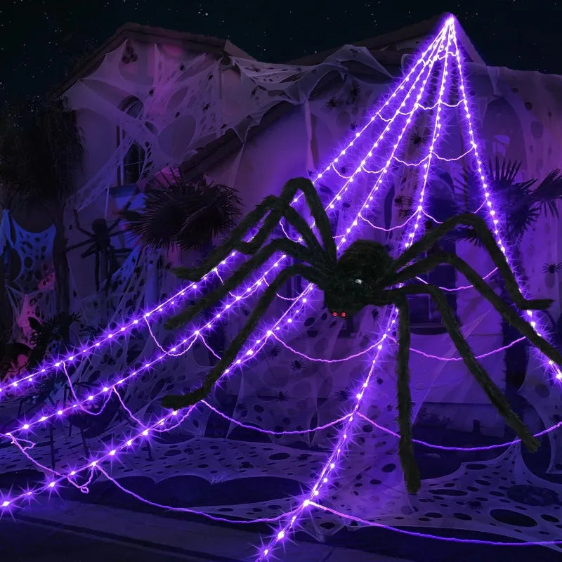 Glow-in-the-dark spider web Halloween yard decor.