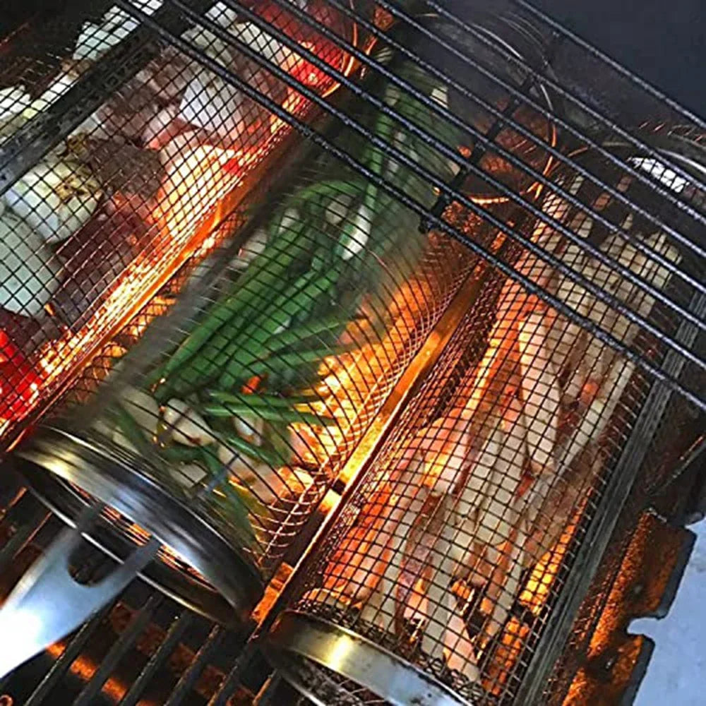 Round BBQ Grill Basket – Portable & Rolling