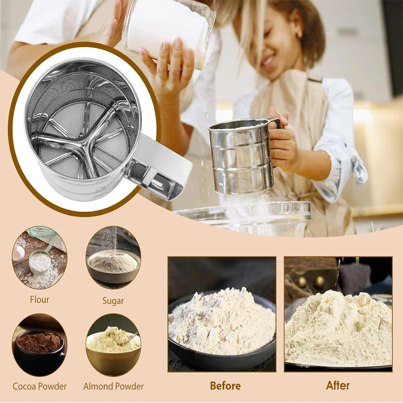Stainless Steel Flour Sifter – Manual, One-Hand Press, With Scale, Baking & Coffee