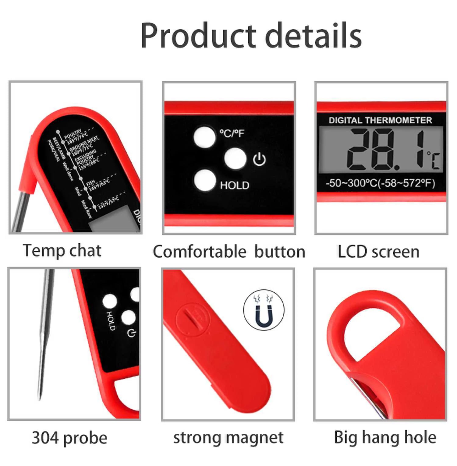 Digital Meat Thermometer — Instant Read Cooking Probe for BBQ, Grill, Oil, or Candy.
