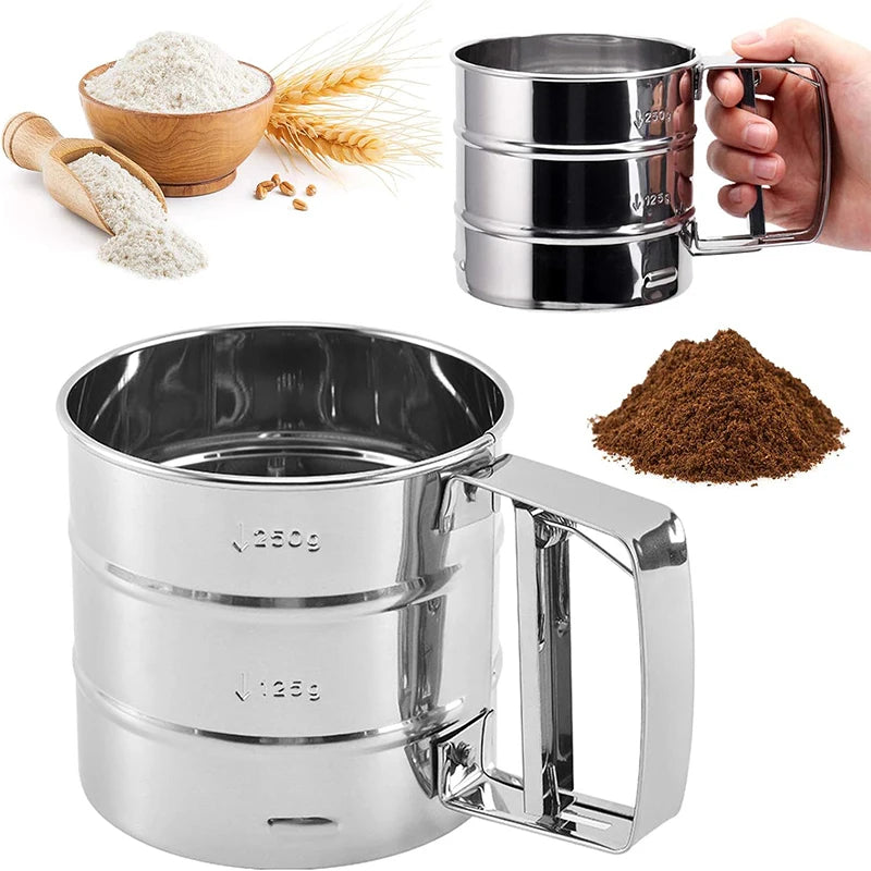 Stainless Steel Flour Sifter – Manual, One-Hand Press, With Scale, Baking & Coffee