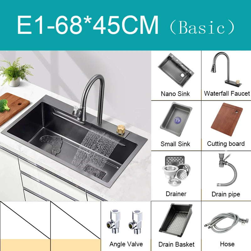 Multifunction Kitchen Faucet Set — Black Nano Waterfall Tap with Soap Dispenser, Stainless Steel