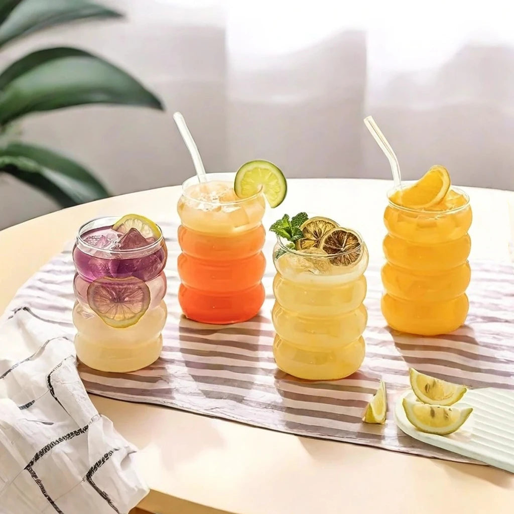 Wave Glass Cup – 350 ml, With Straw