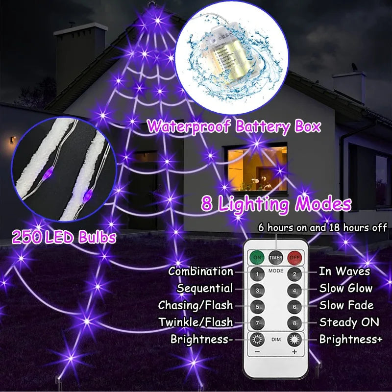 Glow-in-the-dark spider web Halloween yard decor.