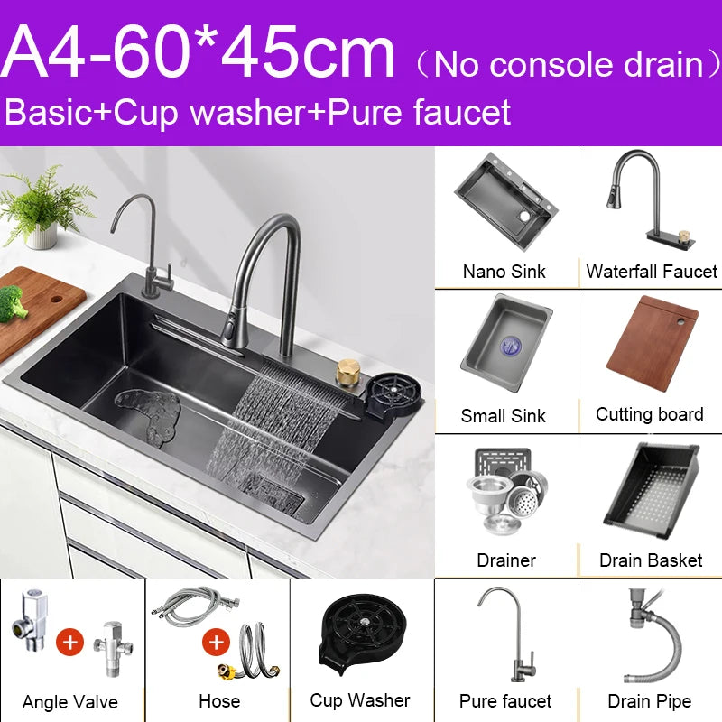 Multifunction Kitchen Faucet Set — Black Nano Waterfall Tap with Soap Dispenser, Stainless Steel