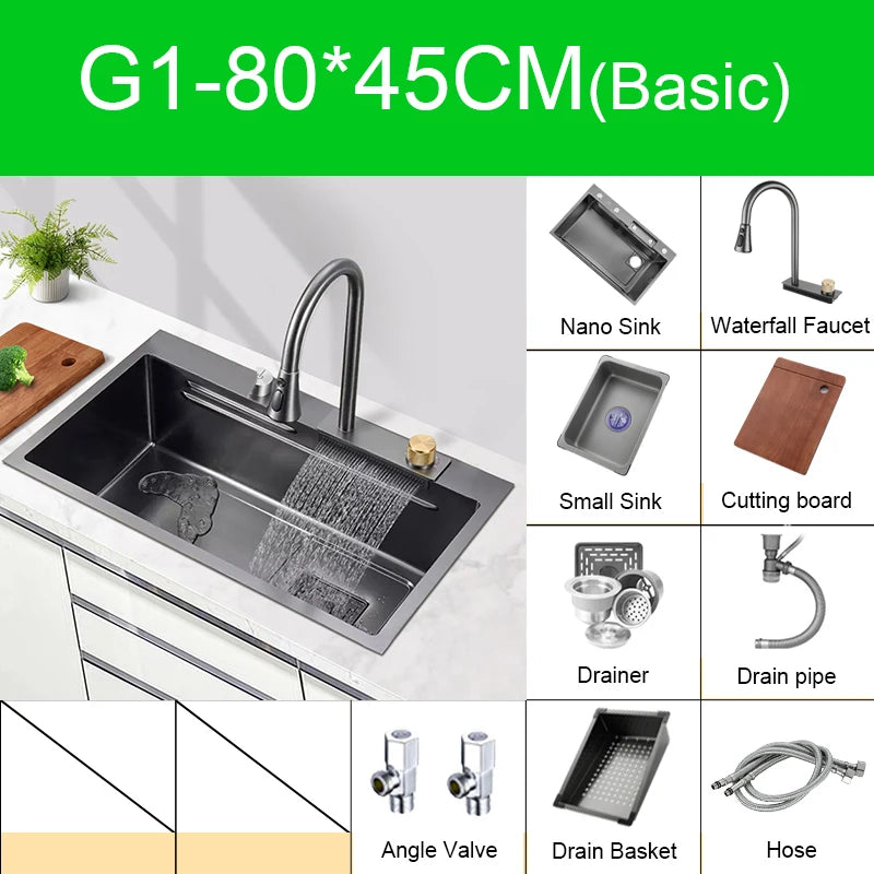 Multifunction Kitchen Faucet Set — Black Nano Waterfall Tap with Soap Dispenser, Stainless Steel