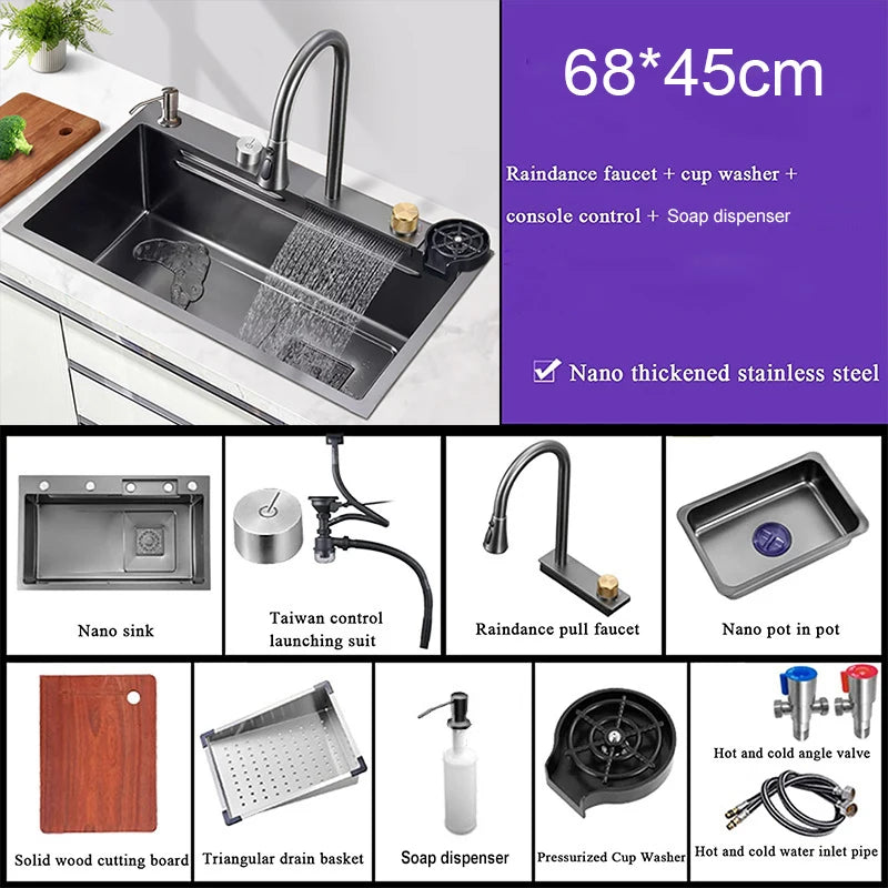 Multifunction Kitchen Faucet Set — Black Nano Waterfall Tap with Soap Dispenser, Stainless Steel