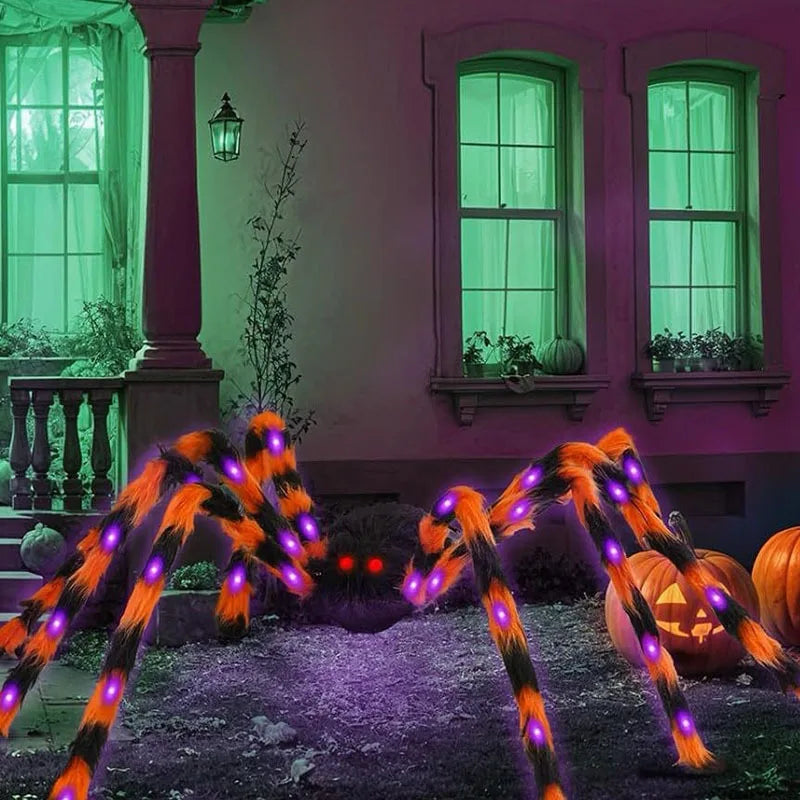 Glow-in-the-dark spider web Halloween yard decor.