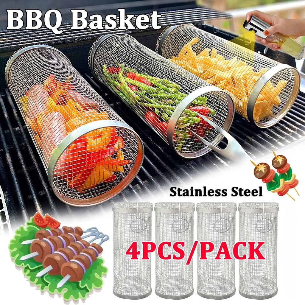 Round BBQ Grill Basket – Portable & Rolling
