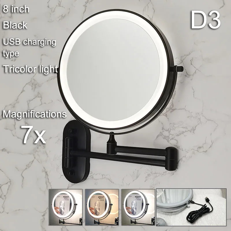 Folding Wall Makeup Mirror — Gold LED Double-Sided with Magnifying & USB Charging.