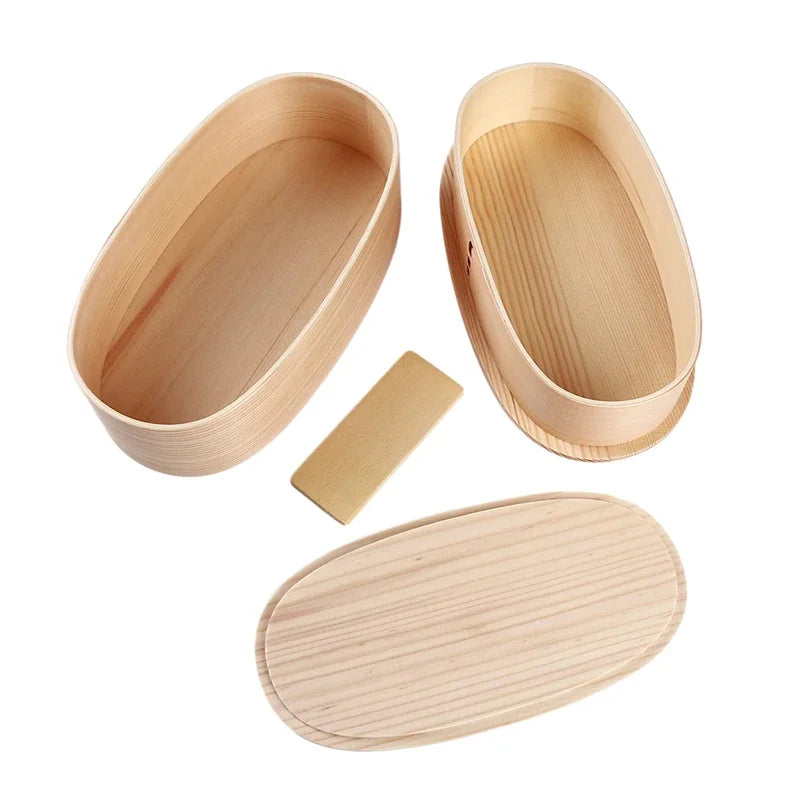 Japanese wooden bento box with 3 compartments.