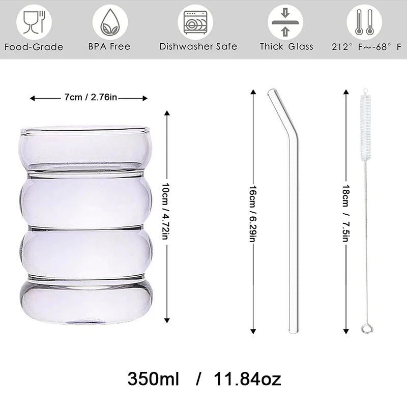 Wave Glass Cup – 350 ml, With Straw