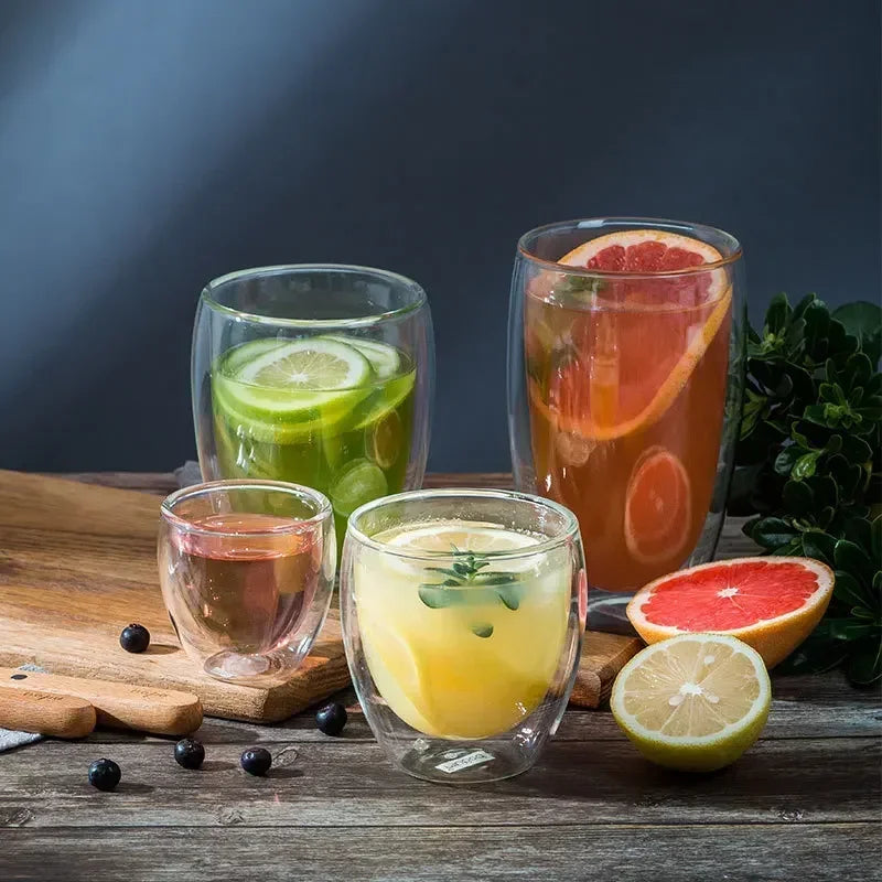 Double-wall glass mugs – heat-resistant. ☕