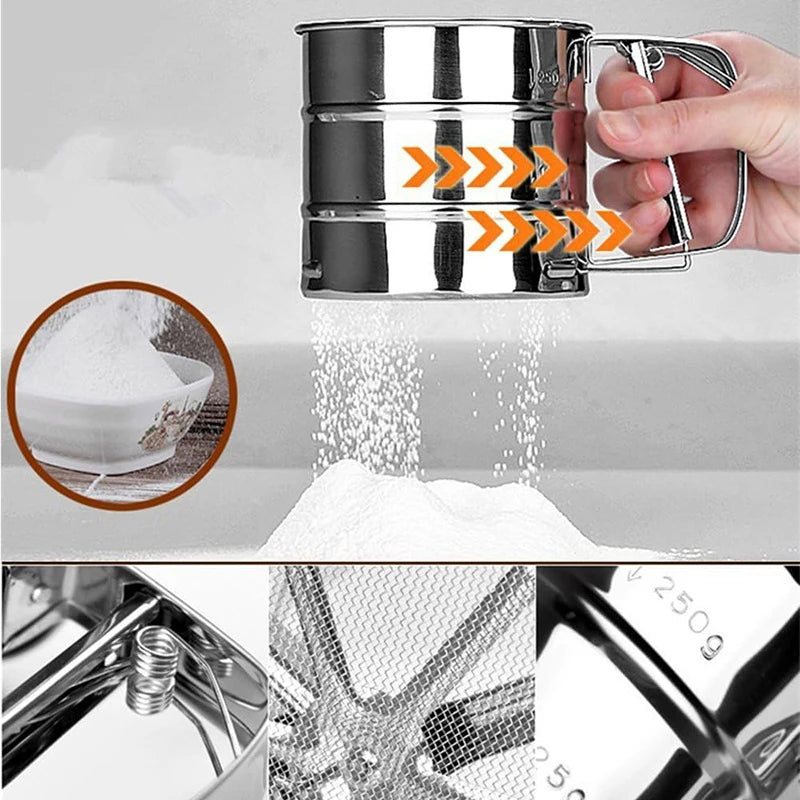 Stainless Steel Flour Sifter – Manual, One-Hand Press, With Scale, Baking & Coffee