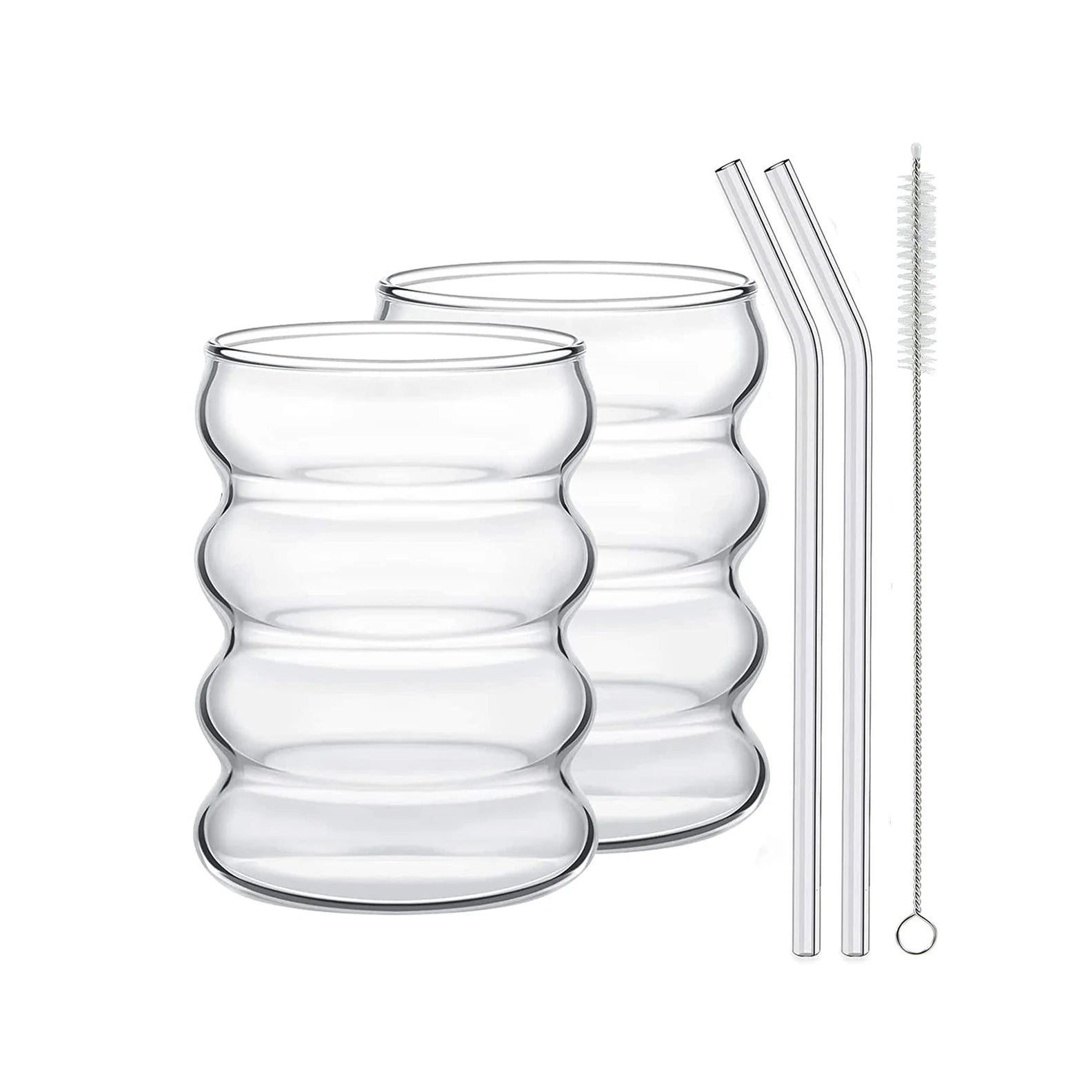 Wave Glass Cup – 350 ml, With Straw