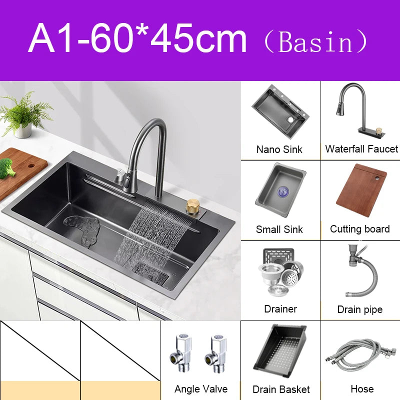 Multifunction Kitchen Faucet Set — Black Nano Waterfall Tap with Soap Dispenser, Stainless Steel
