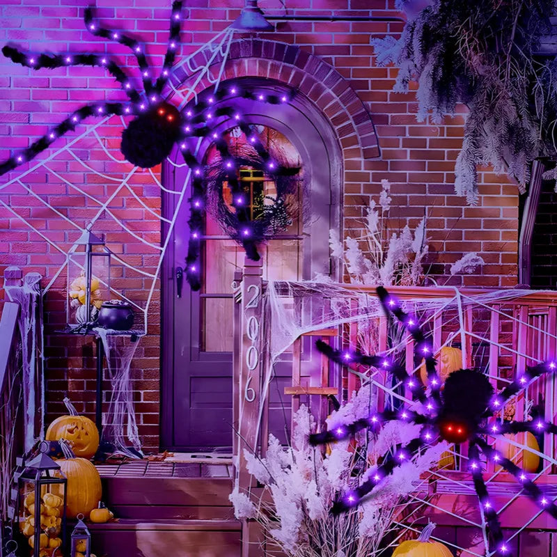 Glow-in-the-dark spider web Halloween yard decor.