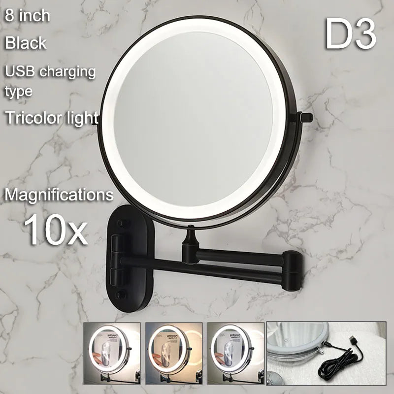 Folding Wall Makeup Mirror — Gold LED Double-Sided with Magnifying & USB Charging.