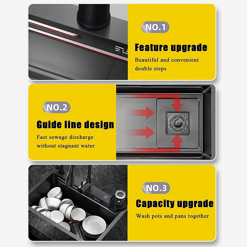 Multifunction Kitchen Faucet Set — Black Nano Waterfall Tap with Soap Dispenser, Stainless Steel