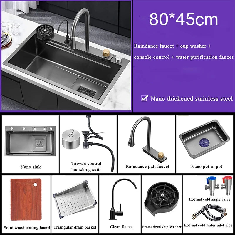 Multifunction Kitchen Faucet Set — Black Nano Waterfall Tap with Soap Dispenser, Stainless Steel