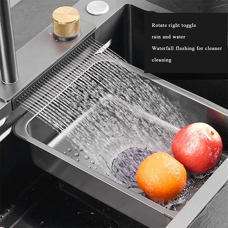 Multifunction Kitchen Faucet Set — Black Nano Waterfall Tap with Soap Dispenser, Stainless Steel