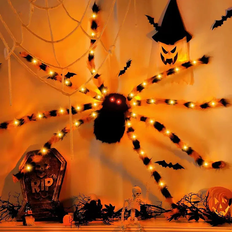 Glow-in-the-dark spider web Halloween yard decor.