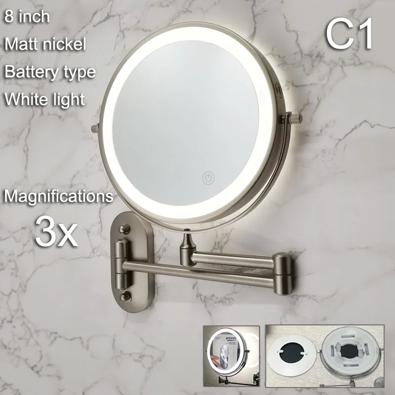 Folding Wall Makeup Mirror — Gold LED Double-Sided with Magnifying & USB Charging.