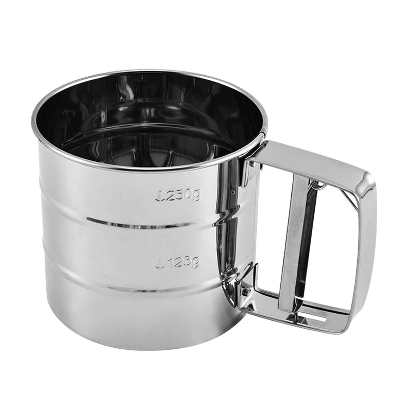 Stainless Steel Flour Sifter – Manual, One-Hand Press, With Scale, Baking & Coffee