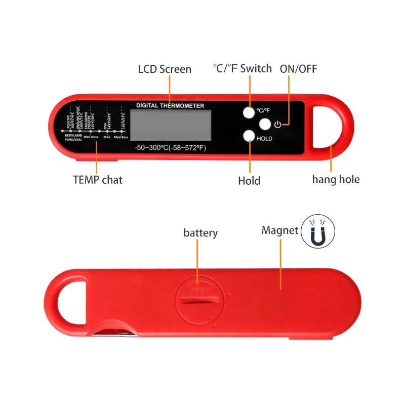 Digital Meat Thermometer — Instant Read Cooking Probe for BBQ, Grill, Oil, or Candy.