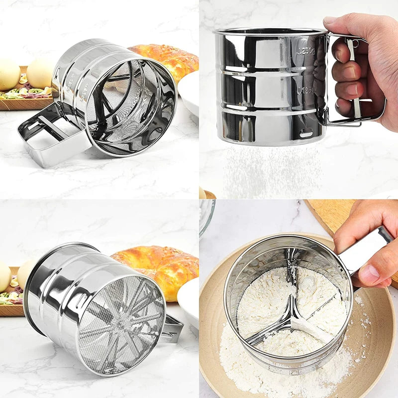 Stainless Steel Flour Sifter – Manual, One-Hand Press, With Scale, Baking & Coffee