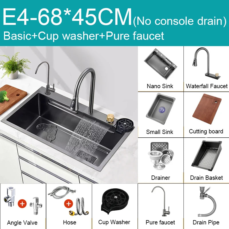 Multifunction Kitchen Faucet Set — Black Nano Waterfall Tap with Soap Dispenser, Stainless Steel