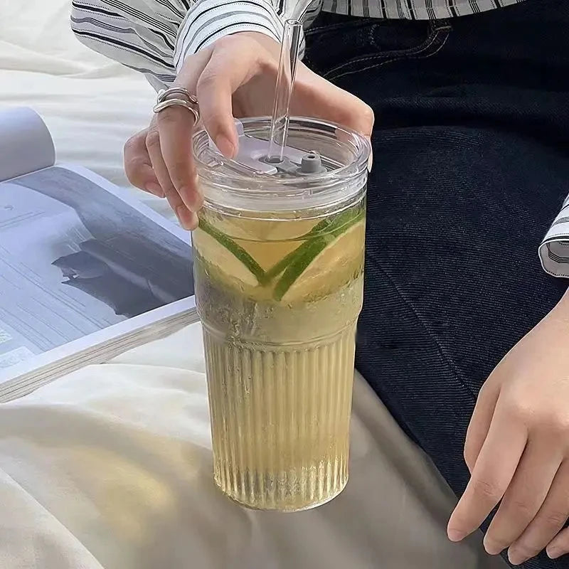 Transparent Stripe Glass Cup – 600 ml, With Lid & Straw, For Coffee, Juice, Milk, or Tea