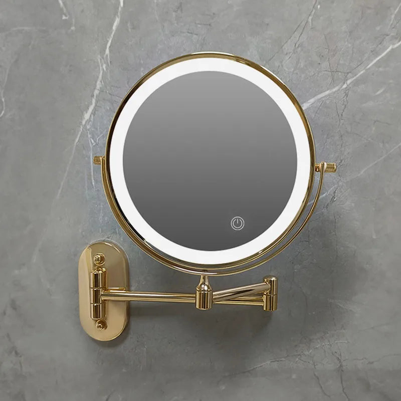 Folding Wall Makeup Mirror — Gold LED Double-Sided with Magnifying & USB Charging.