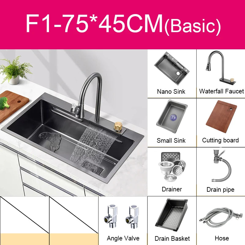 Multifunction Kitchen Faucet Set — Black Nano Waterfall Tap with Soap Dispenser, Stainless Steel