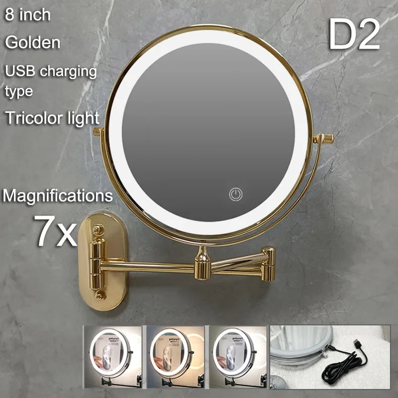 Folding Wall Makeup Mirror — Gold LED Double-Sided with Magnifying & USB Charging.