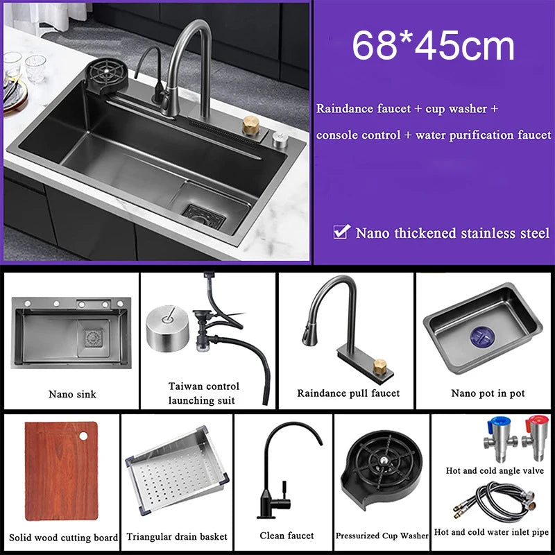 Multifunction Kitchen Faucet Set — Black Nano Waterfall Tap with Soap Dispenser, Stainless Steel