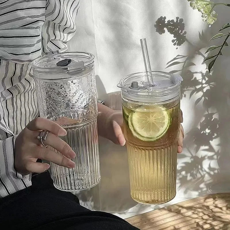 Transparent Stripe Glass Cup – 600 ml, With Lid & Straw, For Coffee, Juice, Milk, or Tea