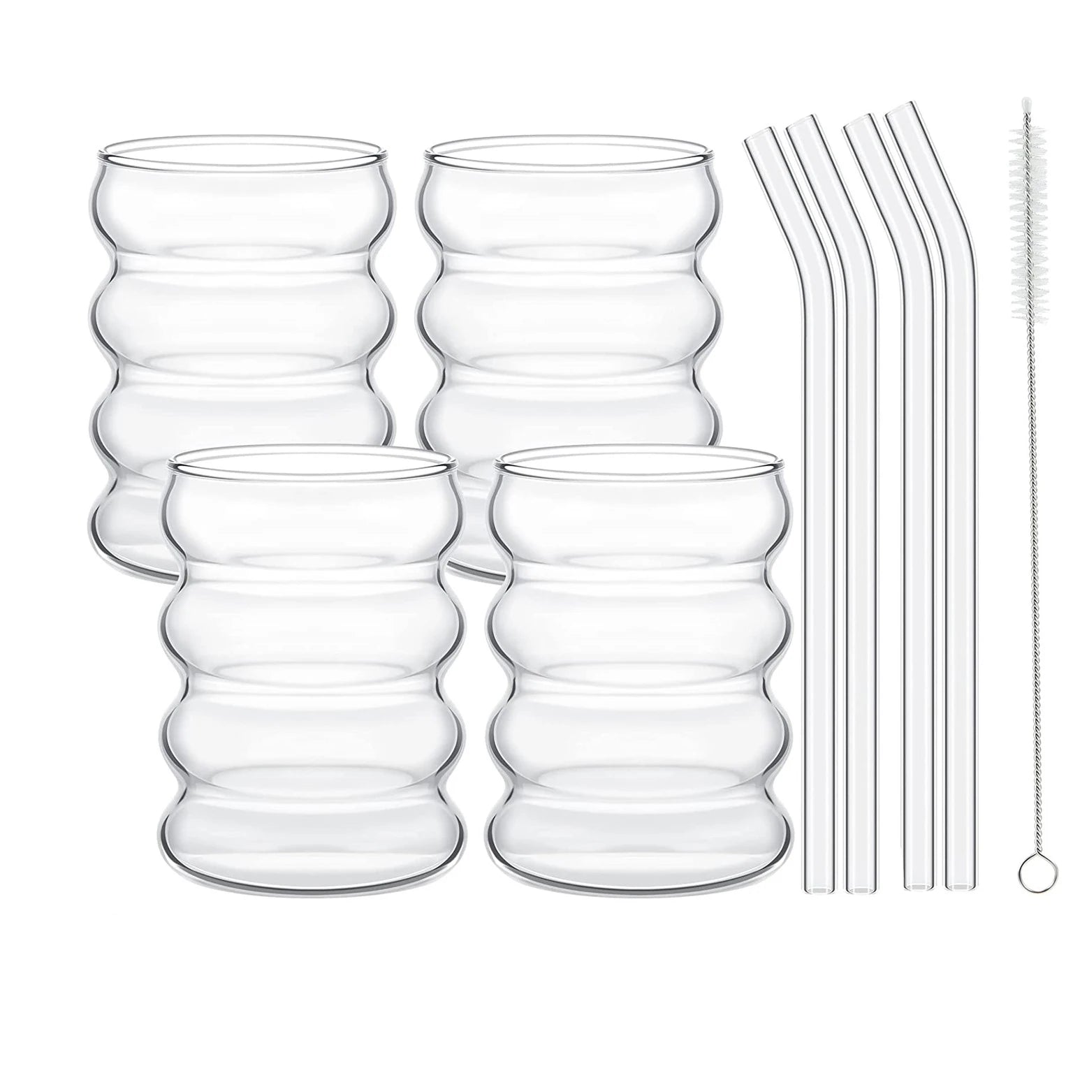 Wave Glass Cup – 350 ml, With Straw