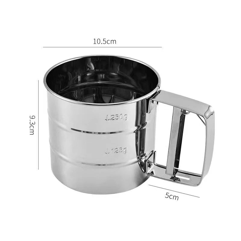 Stainless Steel Flour Sifter – Manual, One-Hand Press, With Scale, Baking & Coffee