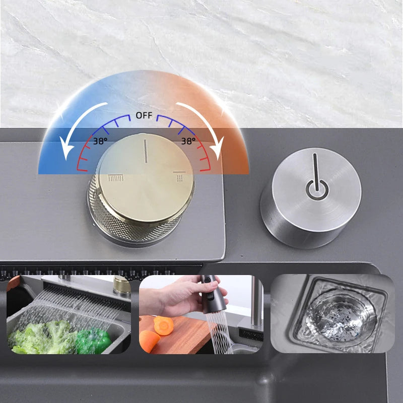 Multifunction Kitchen Faucet Set — Black Nano Waterfall Tap with Soap Dispenser, Stainless Steel