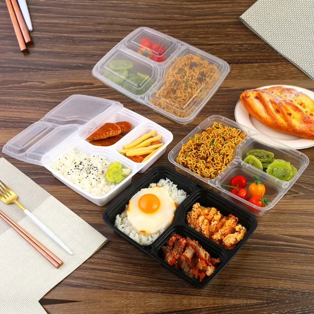 Boîte repas 3 compartiments, étanche et jetable.