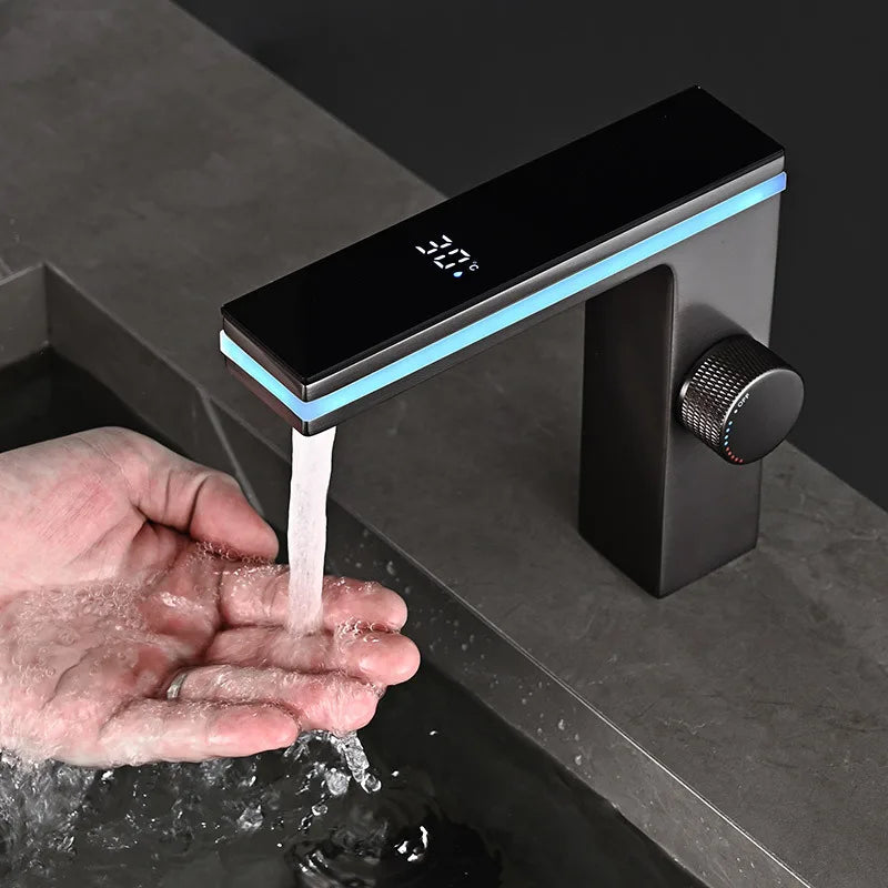 LED Bathroom Faucet — Digital Display, Brass Deck-Mounted Hot & Cold Mixer Tap.
