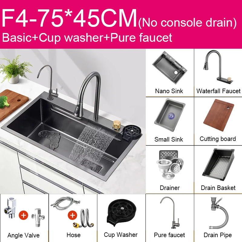 Multifunction Kitchen Faucet Set — Black Nano Waterfall Tap with Soap Dispenser, Stainless Steel