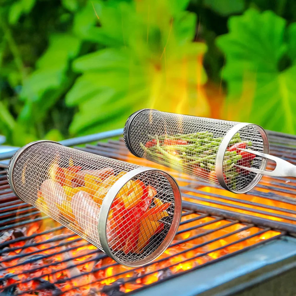 Round BBQ Grill Basket – Portable & Rolling