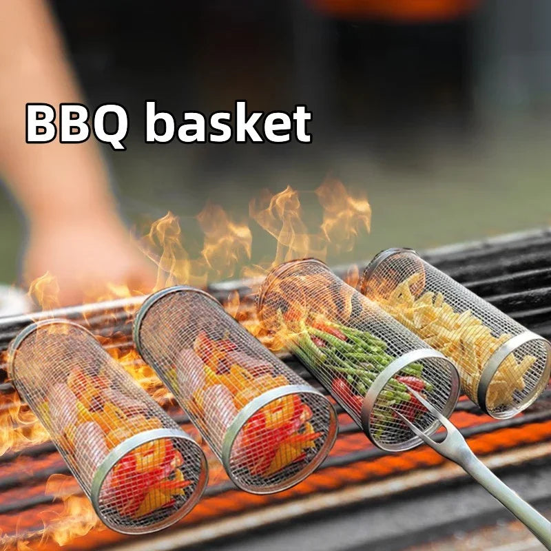 Round BBQ Grill Basket – Portable & Rolling
