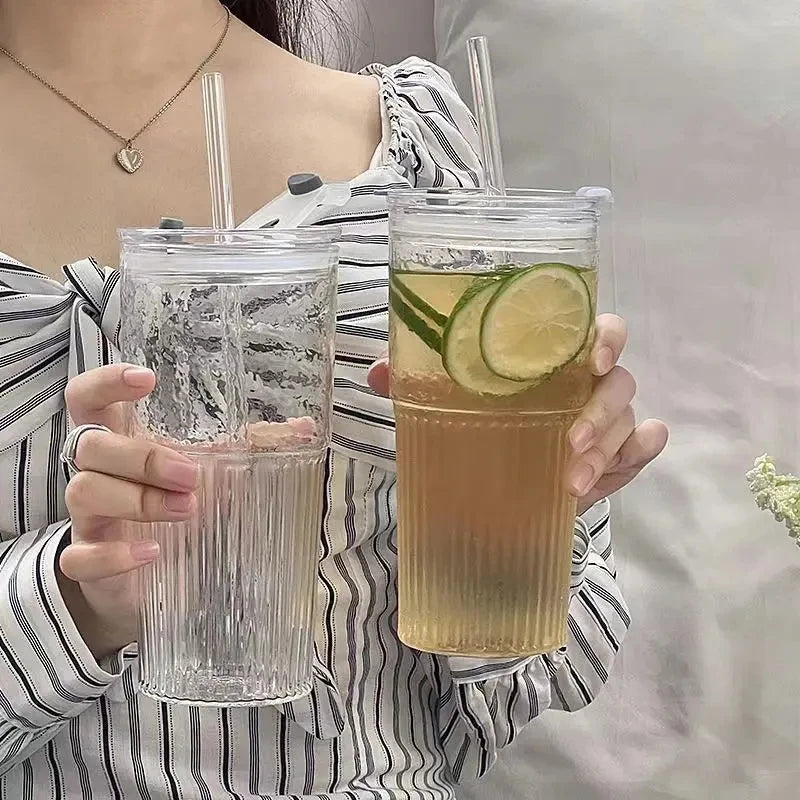Transparent Stripe Glass Cup – 600 ml, With Lid & Straw, For Coffee, Juice, Milk, or Tea