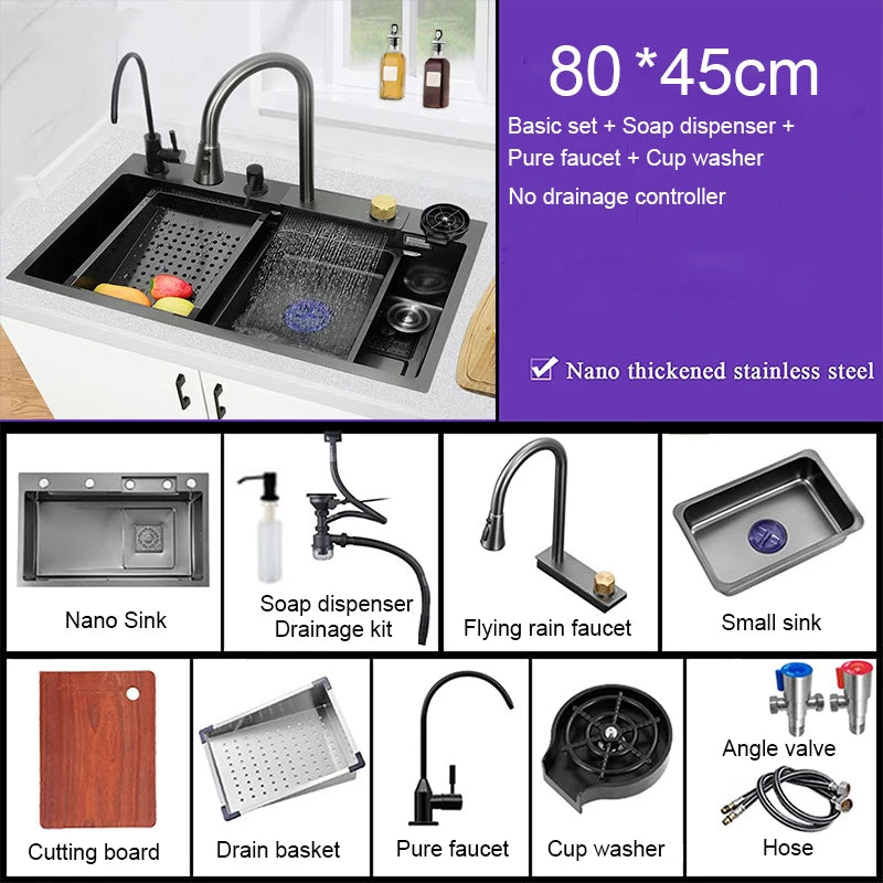 Multifunction Kitchen Faucet Set — Black Nano Waterfall Tap with Soap Dispenser, Stainless Steel